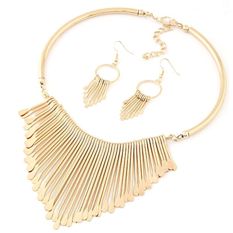 1Set Lady Metal Tassels Coins Pendant Chain Bib Necklace Earrings Jewelry Chic