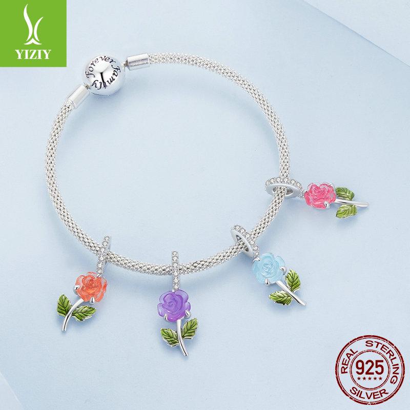 Yinziyun S925 Silver Rose Pendant with UV Color-Changing Flower Beads for DIY Bracelet