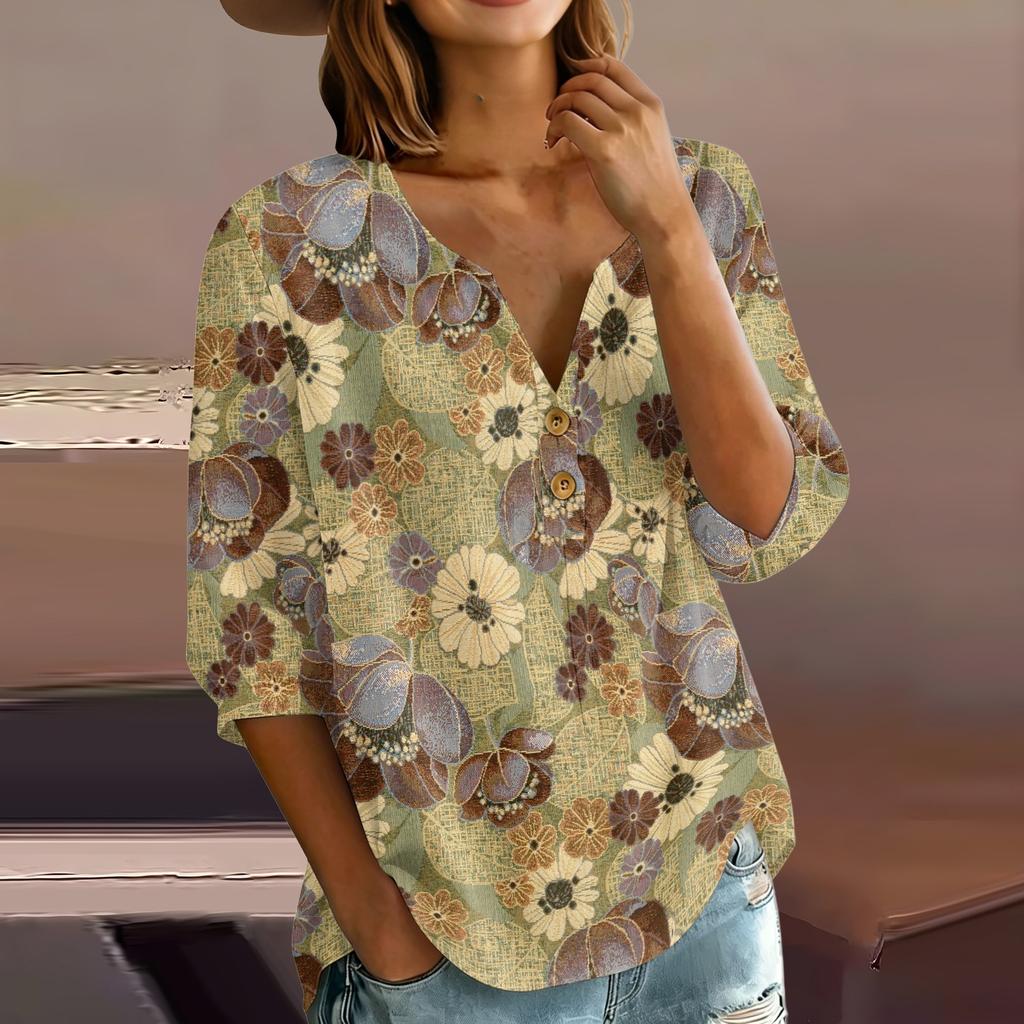 Women Henley Neck Button Front Floral Print Shirt Three Quarter Sleeve Cotton Linen Casual Loose Fit Blouse Top