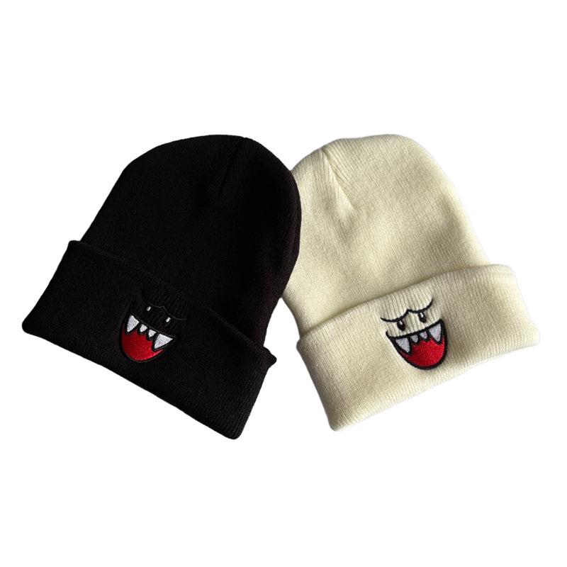 Cartoon Big Mouth Red Eyes Beanie - Autumn/Winter Embroidered Wool Knit Hat