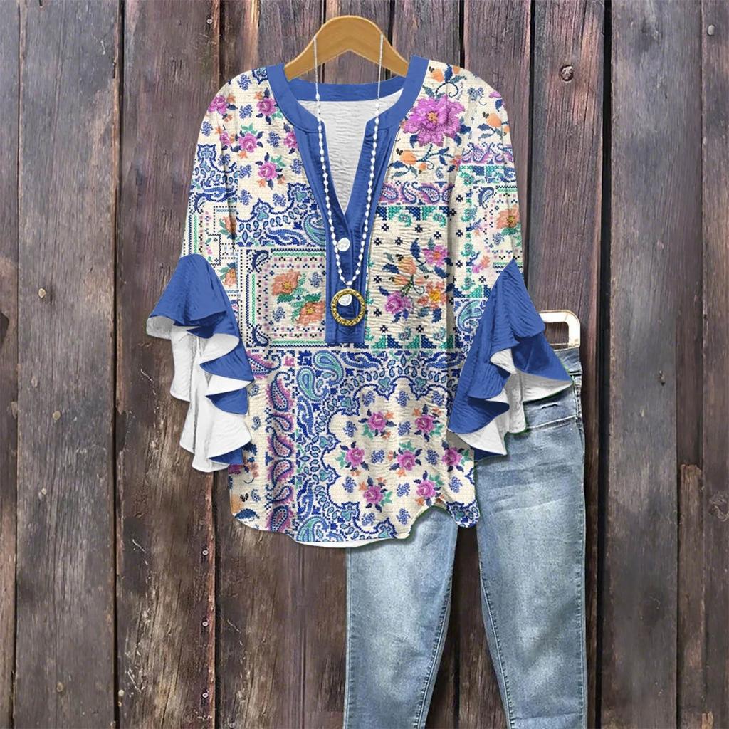Modă Femei Casual Buton Gât V Mânecă Șapte Bluză Top Imprimeu Vintage