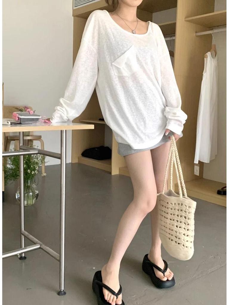 Elegant Sheer White U-Neck Long Sleeve Top - Women's Spring/Fall Loose Fit Cover-Up