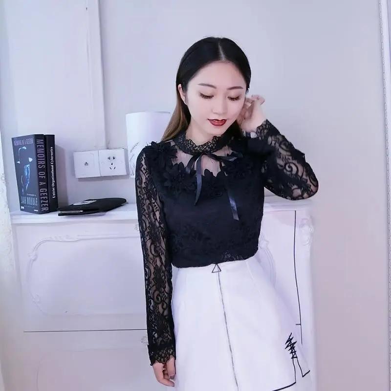 Temperament Lace Bottoming Shirt Women's Autumn and Spring Sweet Stand-up Collar Flowers Sexy Hollow Mesh Top