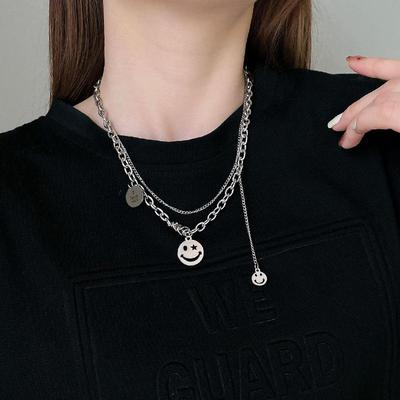 Trendy Hip-Hop Smiley Face Double-Layer Necklace for Women - Titanium Steel Clavicle Chain