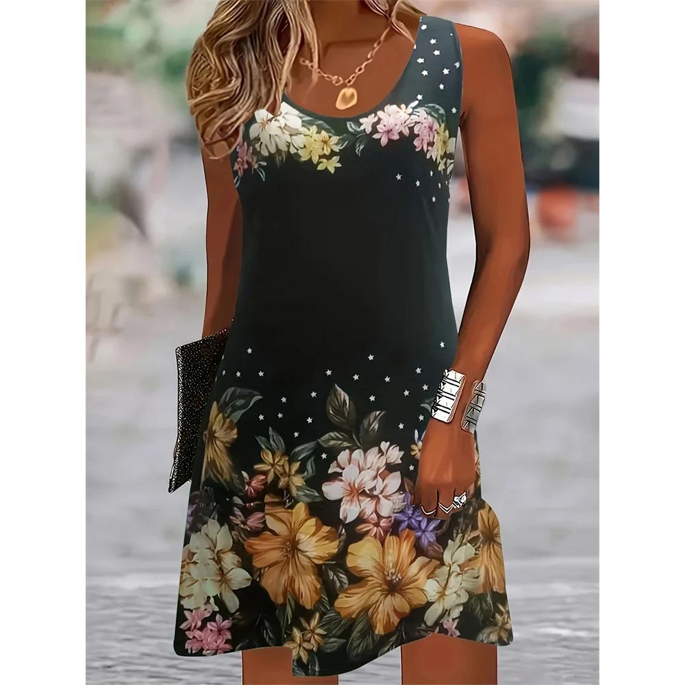 Summer New Women's Sleeveless Dresses Vacation Casual Dresses Floral Printed Loose  Pocketless Plus Size Women's Dresses