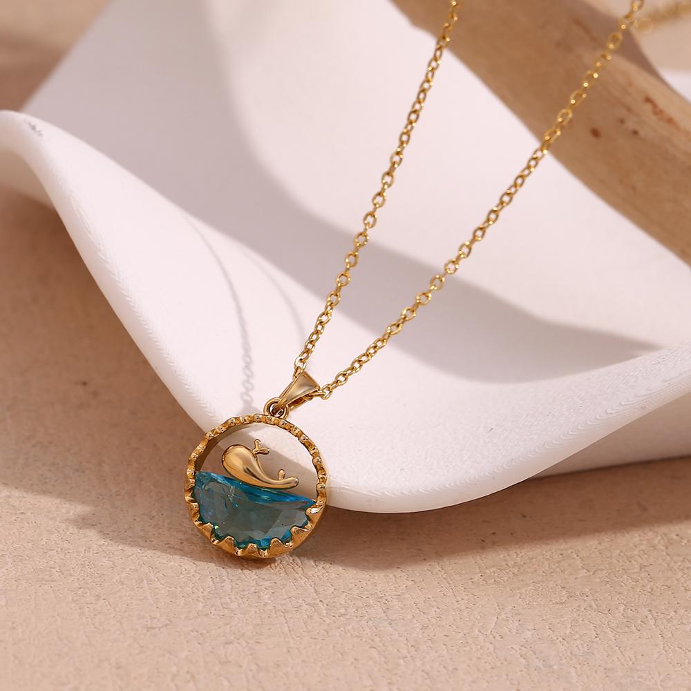 MamacitaSlay Cute Sea Spray Blue Whale Surrounded By Mountain Round Pendant O-Chain Stainless Steel Necklace Woman Jewelry Gift