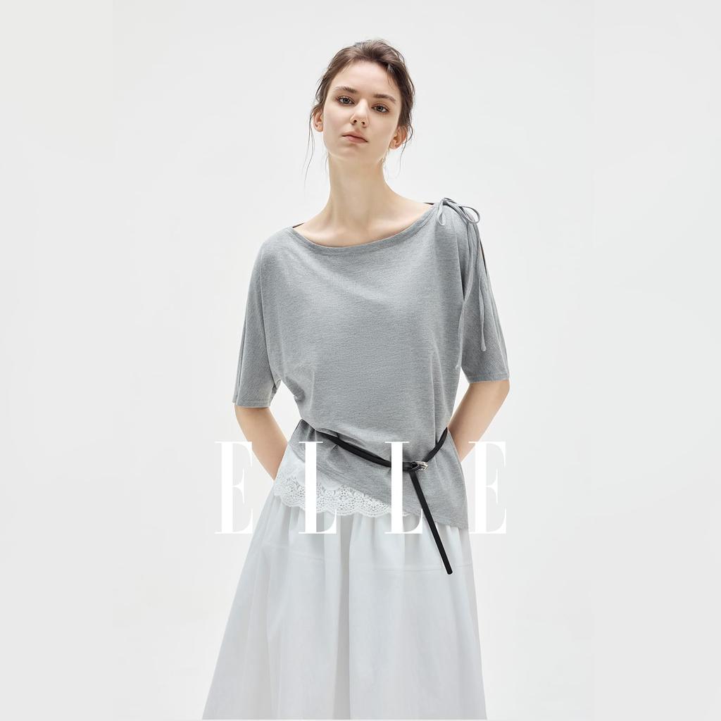 Light Lace Ribbon Glitter Top [ELLE] Women's Short-Sleeve Top, Gray, Hem, Tie, Knit, Off-Shoulder, Spring/Summer (JP, Alphabet, M)