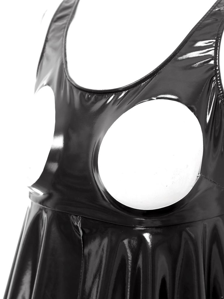 Women Wet Look Patent Leather Lingerie Tops Sleeveless Hollow Out Front Slit Ruffle Clubwear Nightwear Rave Outfit