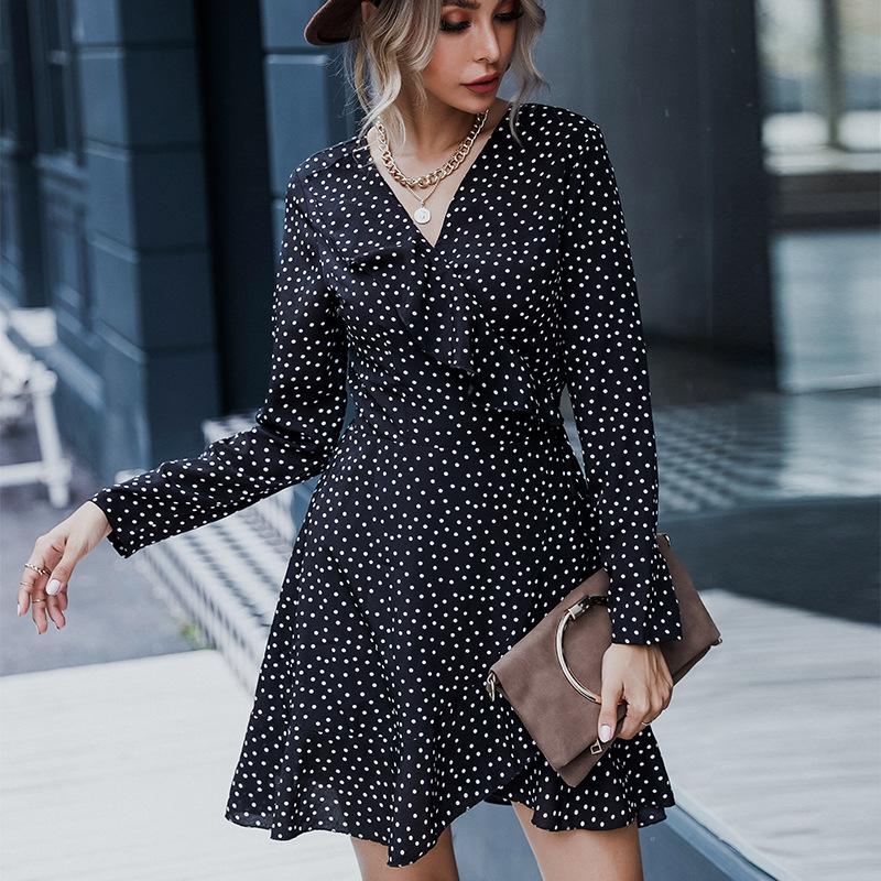 GMXIA Women's Fashion Summer Spring Polka Dot Print Long Sleeve V-Neck Casual Dresses