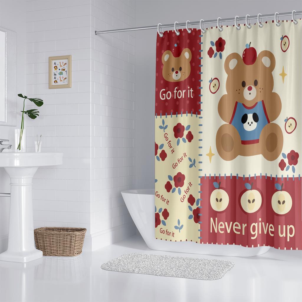 1Pc Cute Bear Printed Waterproof Shower Bathe Partition Privacy Hanging Curtain With 12 Hooks Multiple Size  Machine Washable