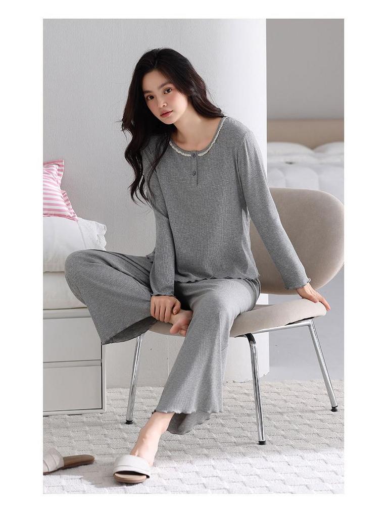 New Women's Grey Casual Modal Pajama Set - Long Sleeve Pullover with Chest Pads and Long Pants for Spring and Autumn