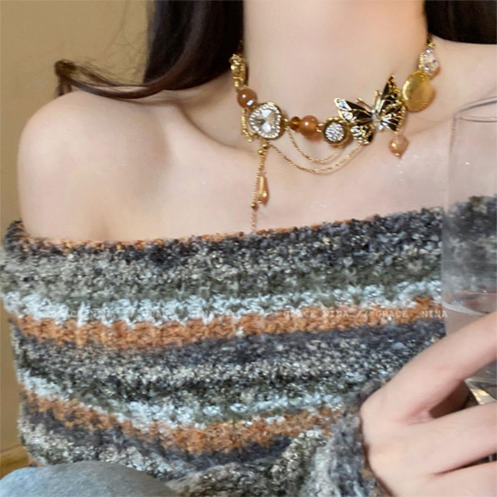 Sweet Tassel Crystal Necklace Adjustable Women's Choker Rhinestone Butterfly Necklace  Ladies