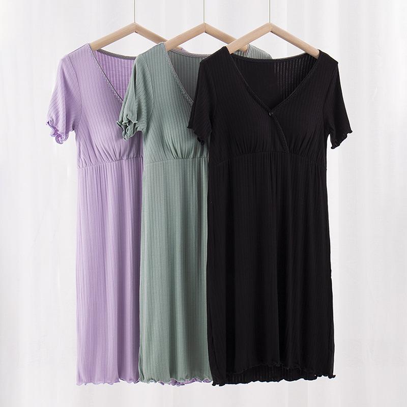 V-Neck Nursing Dress with Insertable Cups for Breastfeeding - Fashionable Postpartum Pajamas