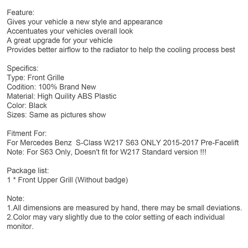 Front Bumper Grille Grill Fit Mercedes Benz W217 S63 AMG 2015-2017 Pre-Facelift