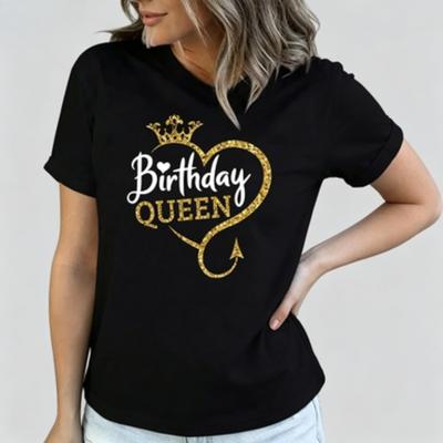 100 Cotton Unisex Round Neck Standard T Shirt Birthday Queen Gold Glitter Heart Crown Arrow Print Short Sleeve Birthday Party