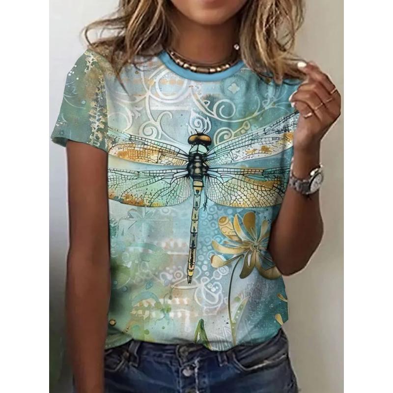 Fashion Women's Crew Neck T-Shirt 3D Color Printing Crew Neck Short Sleeve