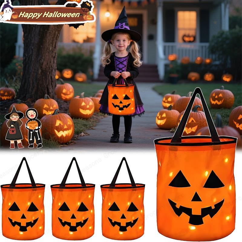 1/3/5 PCS Foldable Pumpkin Candy Bag Trick or Treat Without Candy LED Lights Halloween Decoration Thanksgiving Party Gift Basket