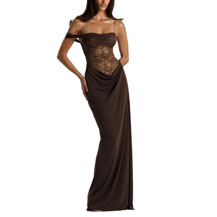 European Summer 2025 Sexy Spaghetti Strap Lace Patchwork Long Dress for Women