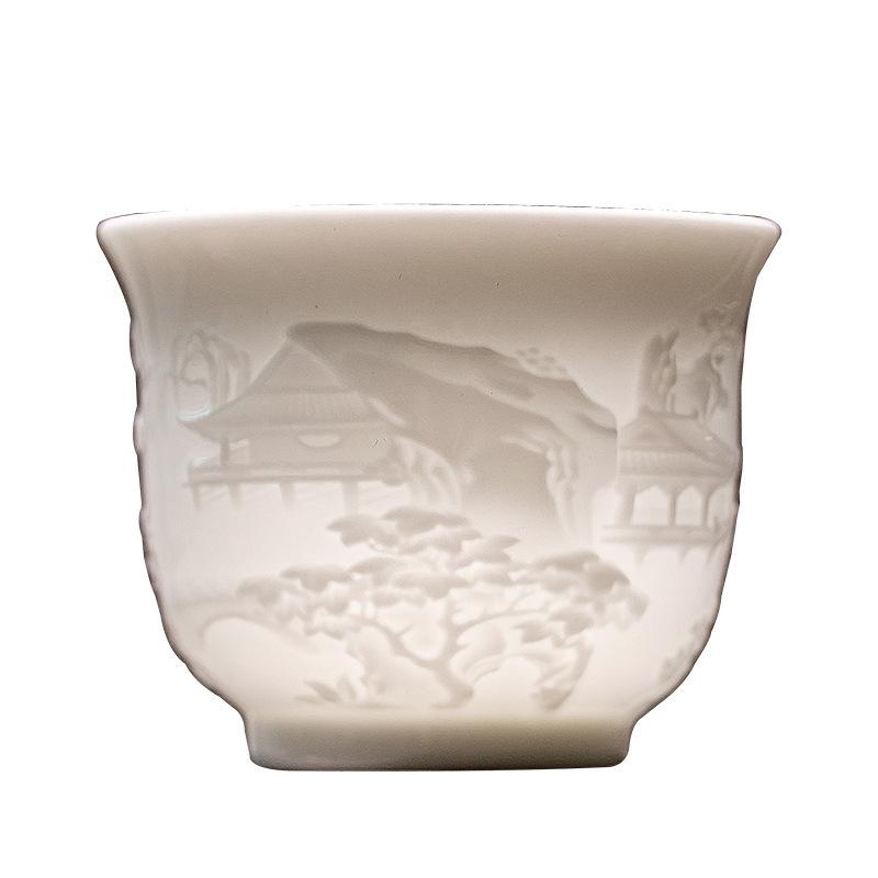 Handmade Tengwangge Pavilion Relief White Porcelain Tea Cup Chinese Gongfu Tea Set Personal Tea Cup Ceramic Gift for Tea Lovers