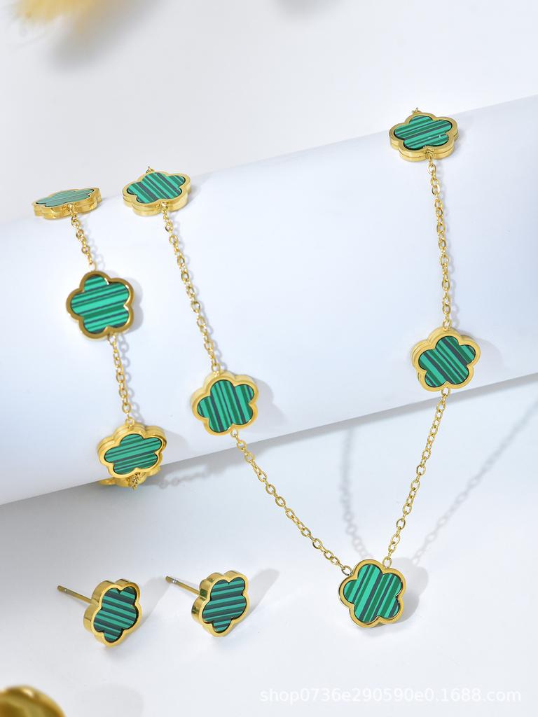 Fashionable Titanium Steel Colorless Five-leaf Flower Necklace Bracelet Earrings Set for Women's Niche High-end Versatile Four-leaf Clover Collarbone