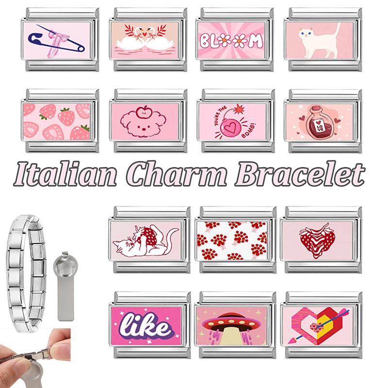 New Pink Y2K Strawberry Cherry Heart Cat Dog Flower Bow Italian Charm Links Fit 9mm Stainless Steel Bracelet Women DIY Making