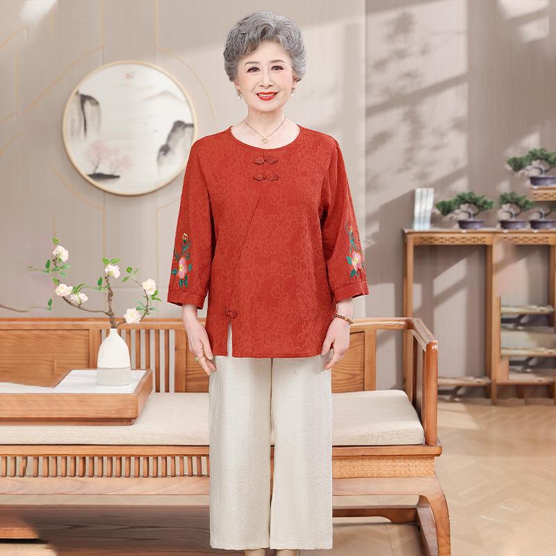 Women s Summer Cotton Linen Top Set - Middle-Aged & Elderly 2XL (95-110 Jin)