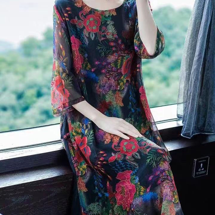 Boussac Western Stampa Floreale Donna Mezza Manica Vestidos Mujer Elegante Abito in Seta 5xl