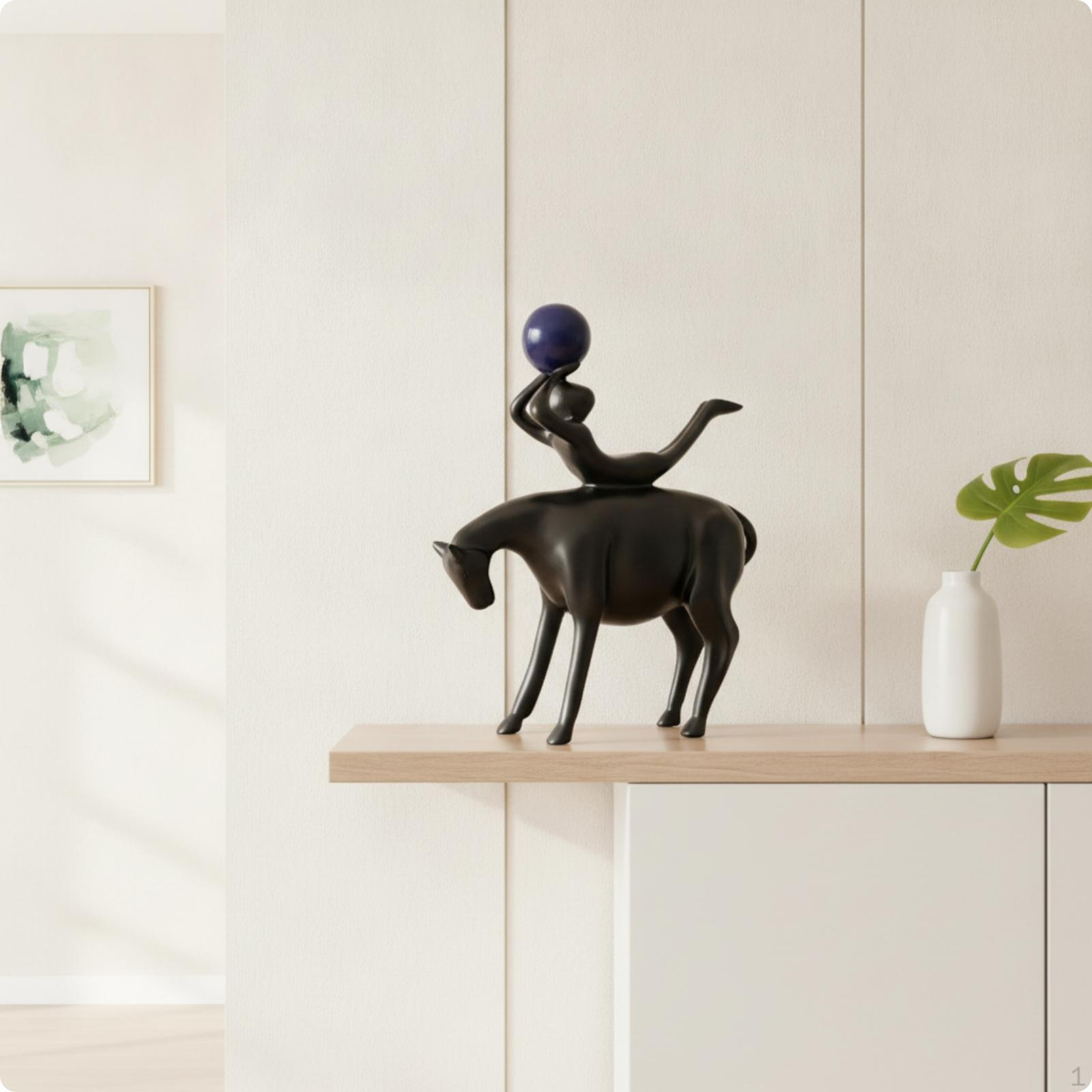 Horse Sculpture with Sphere Matte Black Statue Equestrian Figure Modern Figurine for