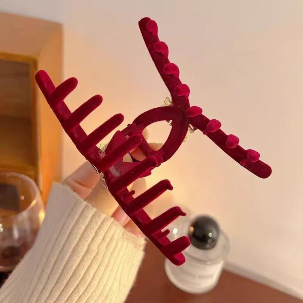 Festive Red Flocking Shark Clip Creative Chinese New Year Hair Grab Wealth Hair Claw Girl