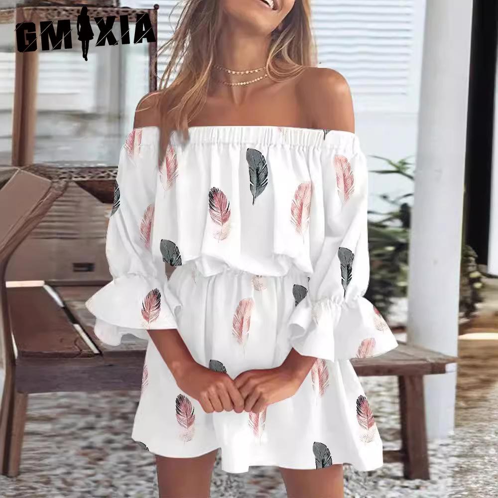 GMXIA Women's Fashion Summer Spring Solid Color Print 1/2 Sleeves One Shoulder High Waist Casual Dresses