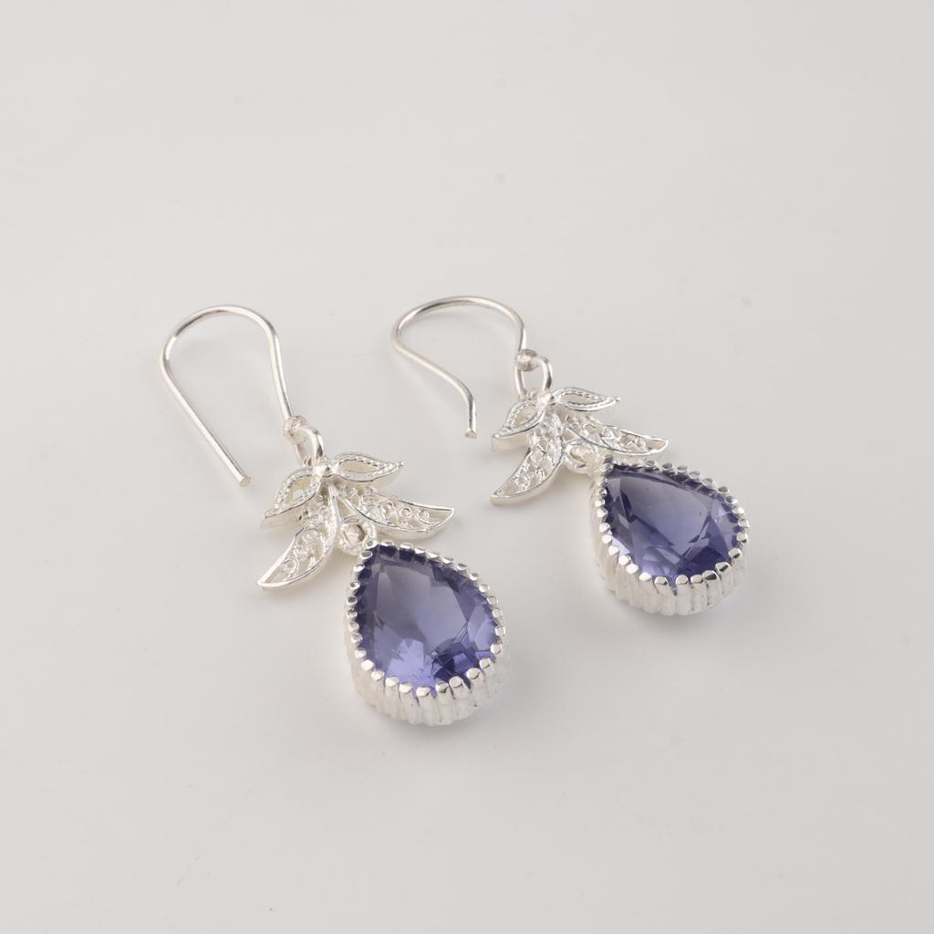 Iolite Gemstone Silver Earrings 925 Sterling Silver Handcrafted Jewelry For Women CE-27-8