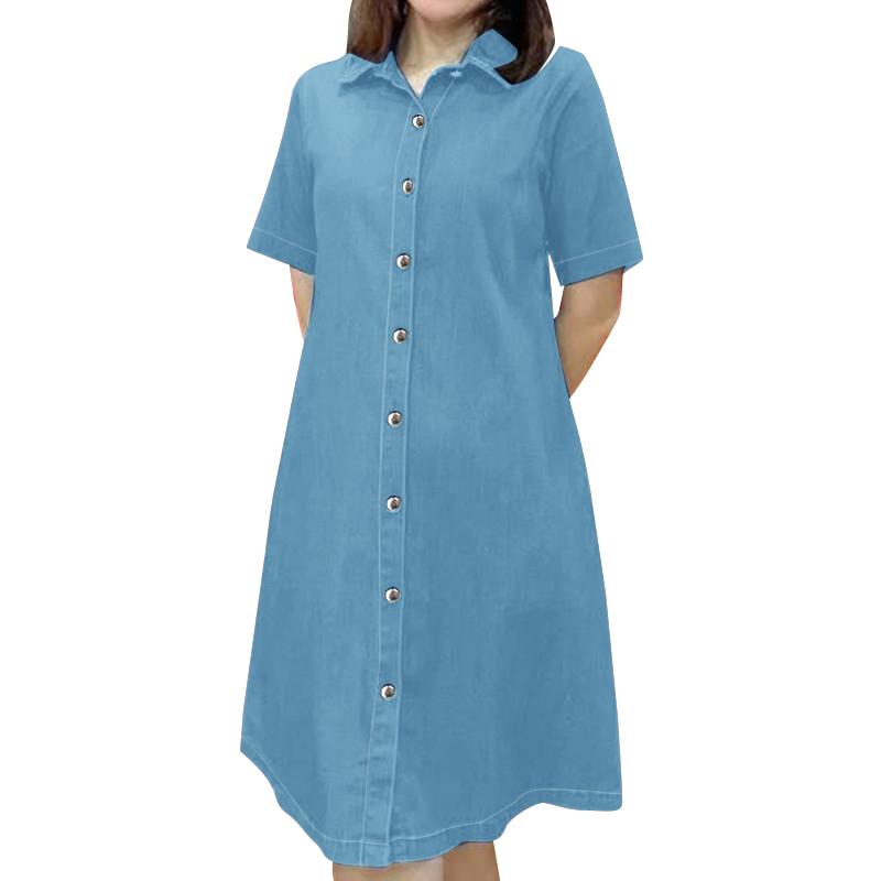

ZANZEA Женское повседневное однотонное платье-рубашка с отложным воротником и коротким рукавом 4XL светло-синий