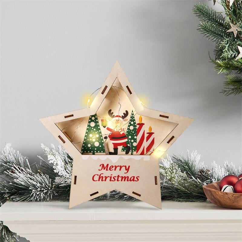 Wooden LED Five Point Star Christmas Tabletop Decor Light Up Night Lamp Holiday Centerpiece For Kids Home Desk Display Cozy Gift
