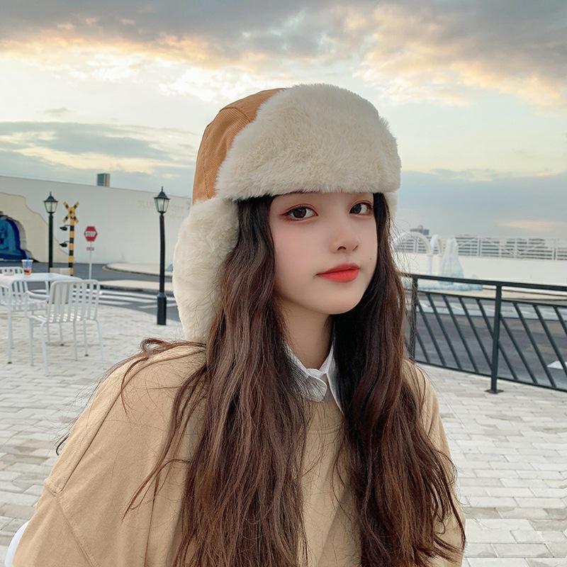 Unisex Winter Cycling Thickened Earflap Windproof Flight Hat Versatile Cotton Padded Lamb Wool Korean Style Ushanka-Style Hat