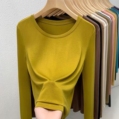 Thin Bottoming Shirt Women's New Women's Clothing Solid Color Round Neck Long-sleeved T-shirt Elastic Inner Waist Top