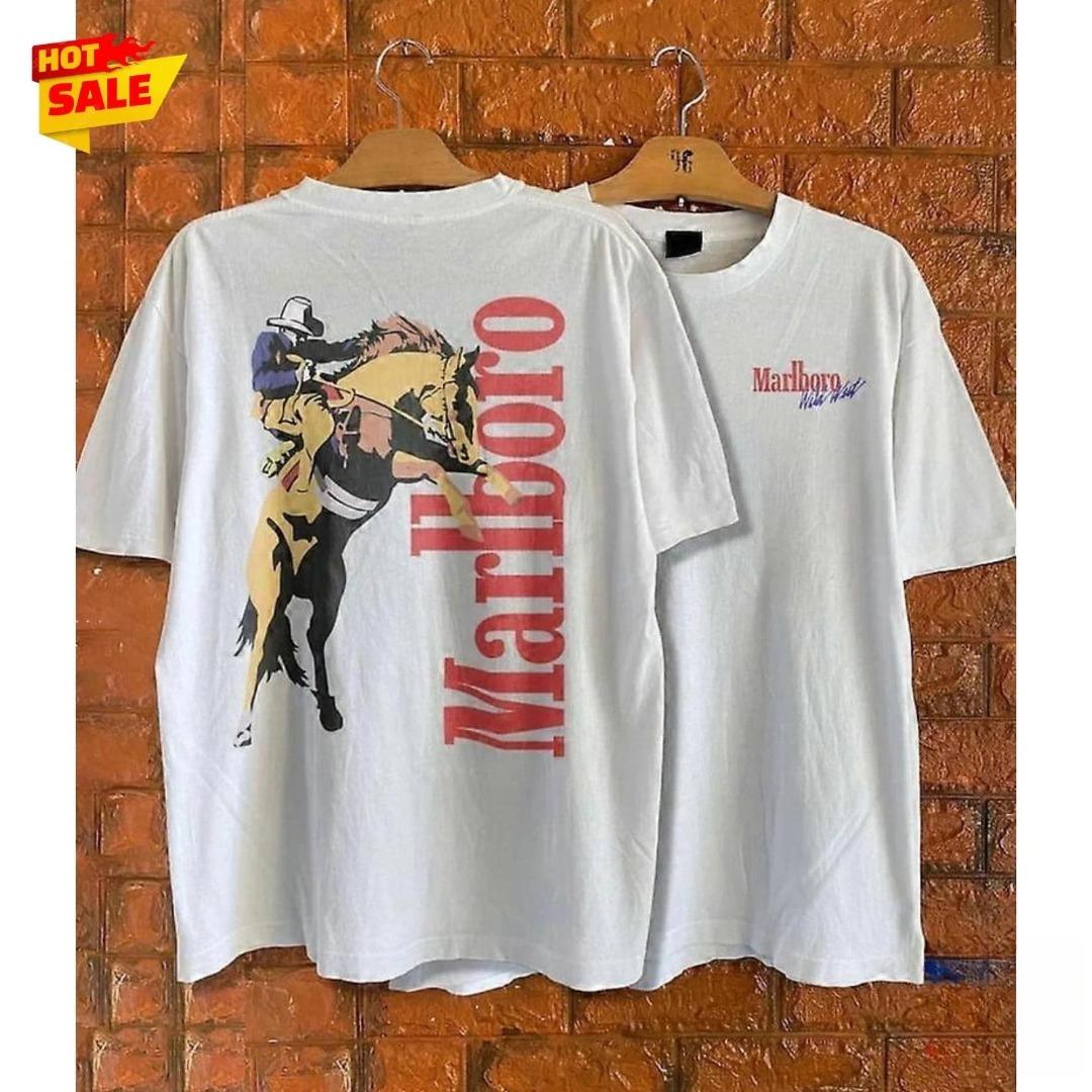 Vintage Marlboro Kovboju Kabatas Balts T-krekls