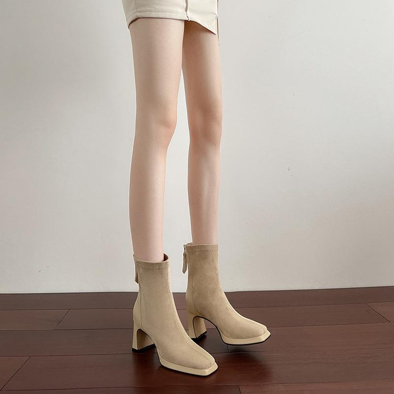 Waterproof Table High Heels Autumn and Winter New Suede Short Thick Heel Thin Black Square Head Short Women