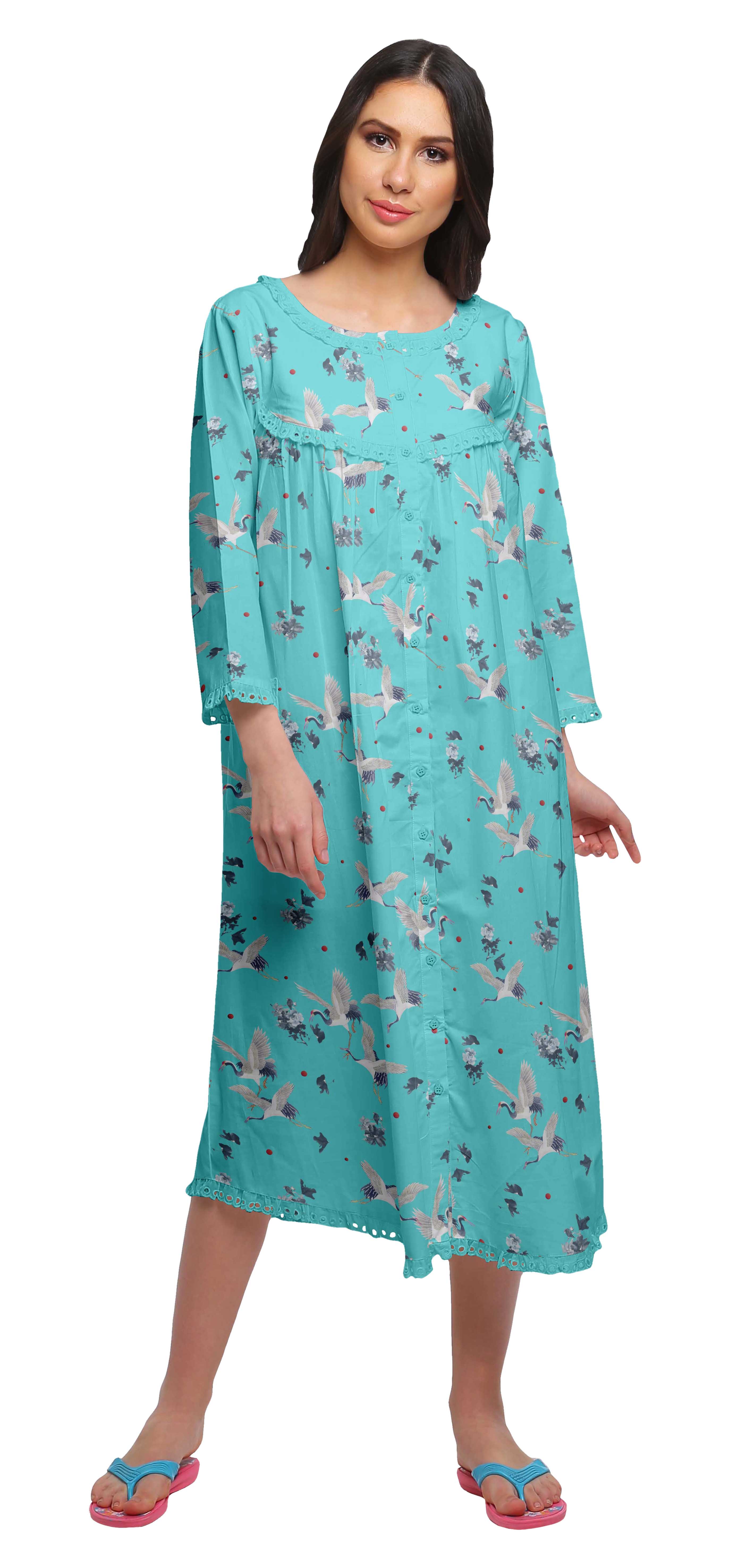 

Moomaya Printed 3 4 Sleeve Nightdress Nursing Cotton Sleepwear For Women XS бірюзовий колір синій