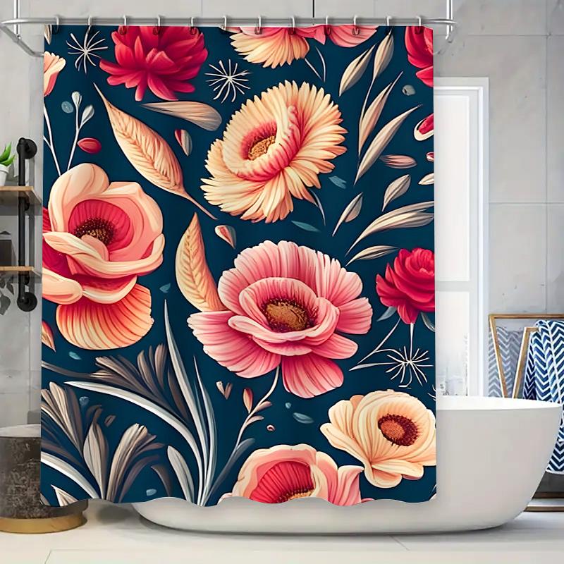 

Vibrant Floral Shower Curtain Dark Blue Background With Pink White Flowers Pattern Decorative Bath Shower Curtain Set For Bathro W60H190(CM)-1 Pcs