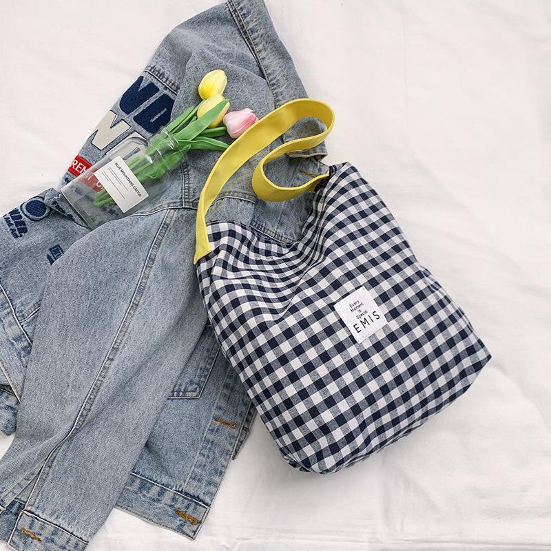 Canvas Bag Women's New Style Casual Contrast Color Plaid One Shoulder Cloth Bag College Student Literary Commuter Tote Bag