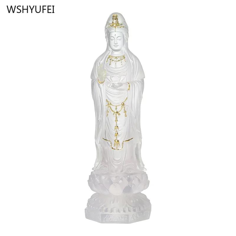 1 PCS 29cm Resin Putuo Nanhai Guanyin Character Station Buddha Statue Home Decoration Gold Carving Crafts Feng Shui Ornament