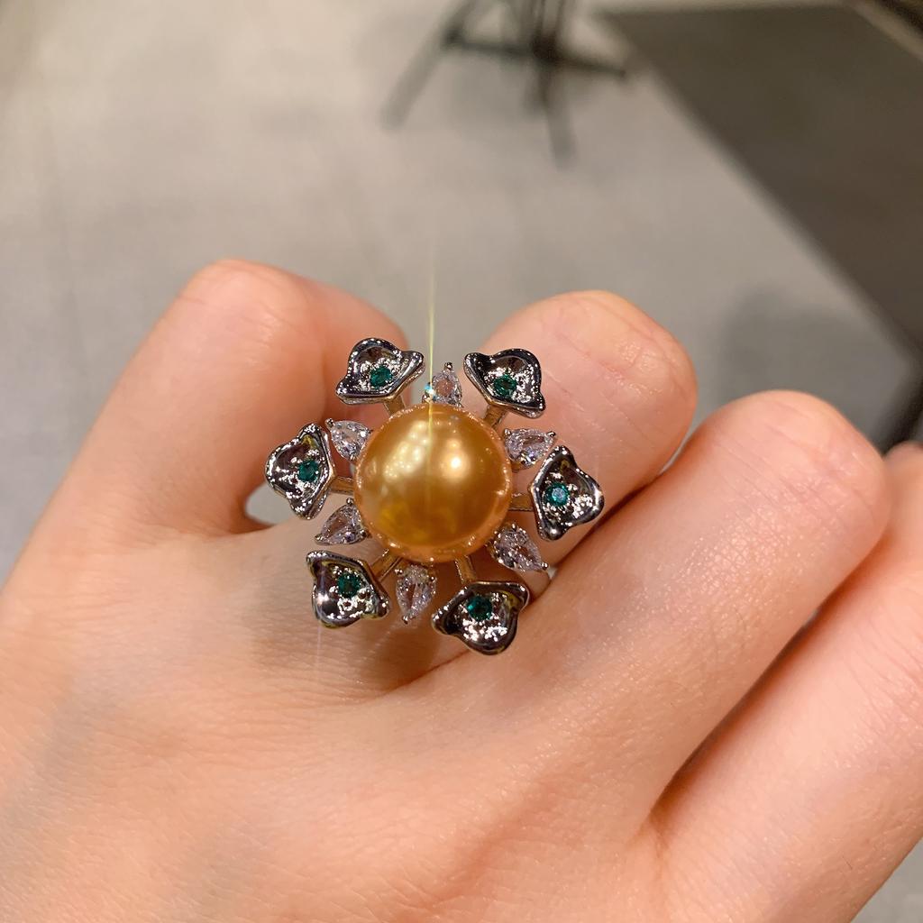 Tiktok Cross-border Australian Fritillary Pearl Micro Inlaid Green Ring Fashion Adjustable