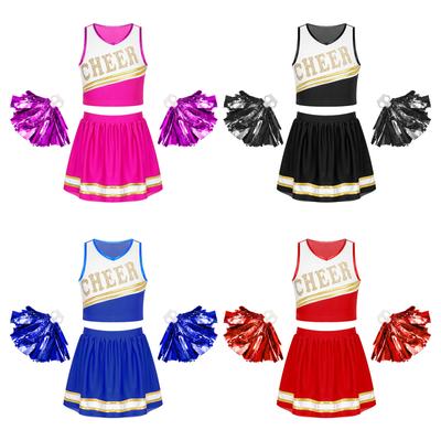 Kids Girls Sleeveless Cheerleading Uniform Dress Sleeveless Crop Top Short Skirt with 2 Pom Poms