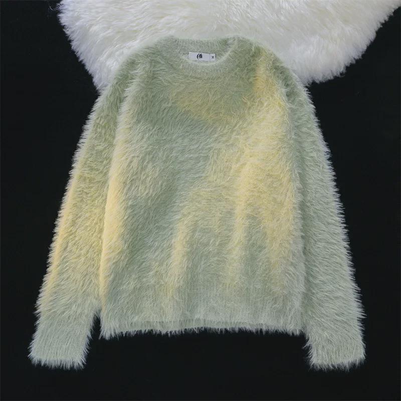 

Мужской однотонный вязаный свитер в стиле Харадзюку — теплый, с круглым вырезом, свободного кроя, на осень/зиму Medium зелёный