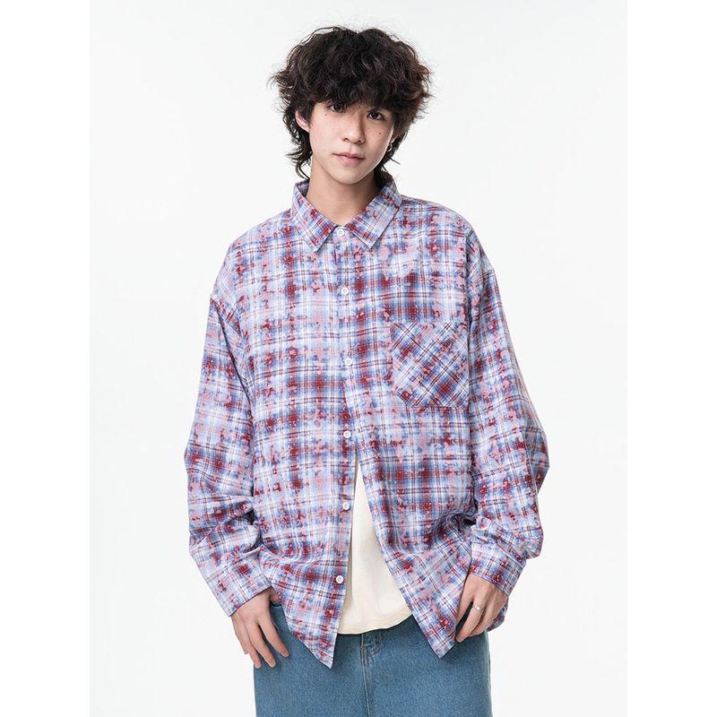 Wassup Trendy Tie-Dye Plaid Shirt for Men, Spring and Summer American Vibe Long-Sleeve Work Shirt, High Street Casual Jacket