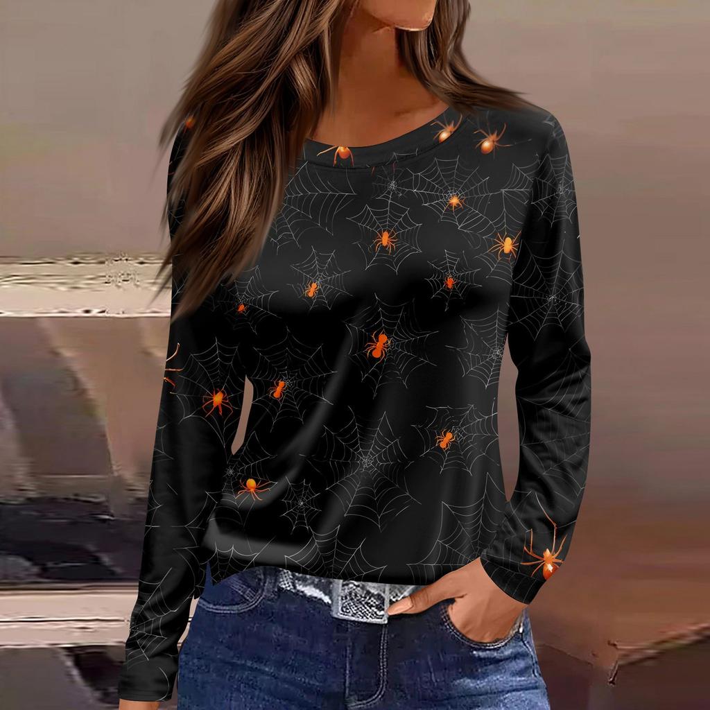 Women's Fashion Casual Slit Hem Round Neck Long Sleeve Loose Halloween Printed T-Shirt Ladies Top