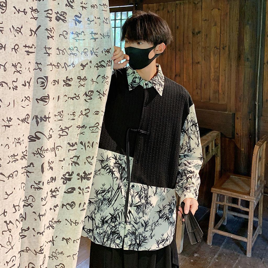 New Chinese Style Loose Tie-Dye Long Sleeve Shirt Men's Fashion Design Summer BF Trendy Patchwork Fake Two-Piece Button Shirt