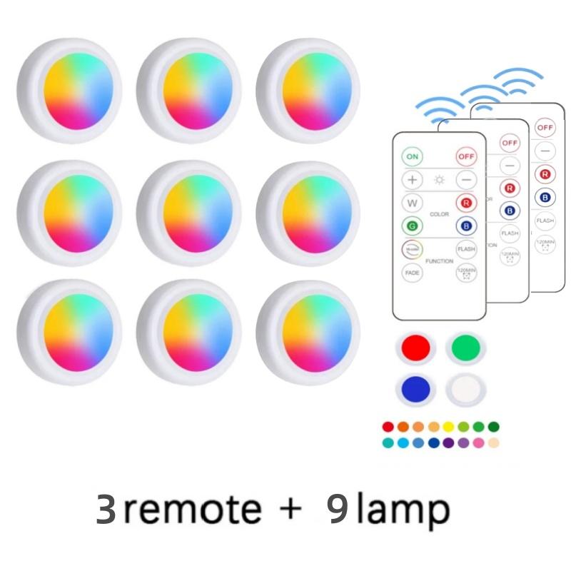 

RGB цветные подсветки под шкафом с дистанционным управлением, регулируемая яркость, ночник для гардероба, беспроводной светодиодный светильник на батарейках для кухни, спальни, шкафа