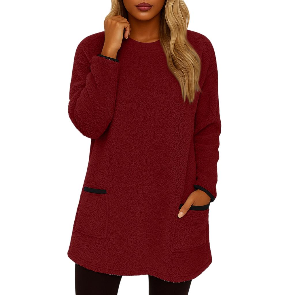 Women's Fashionable Solid Color Round Neck Long Sleeved Warm Plush Casual Top