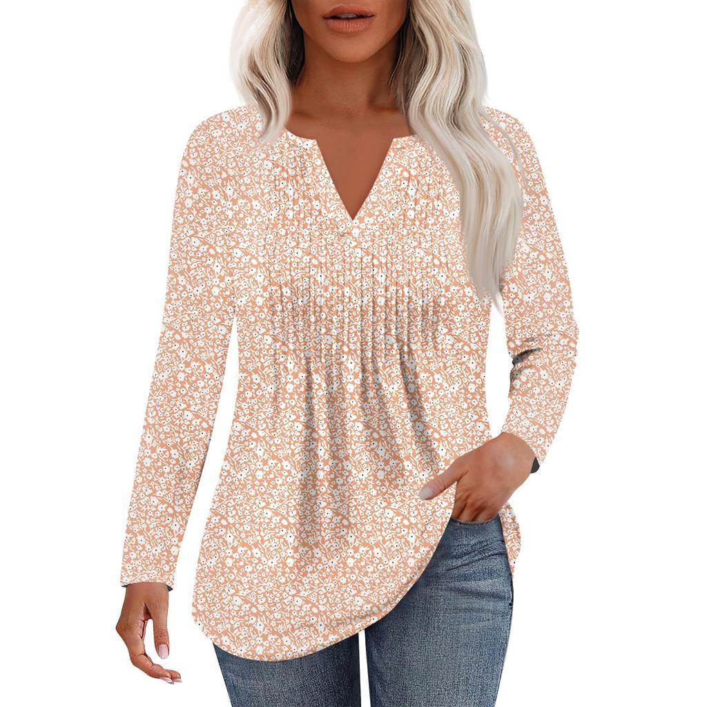 Women's Fashion Casual Pleated V Neck Solid Color Long Sleeve T-Shirt Elegant Tops